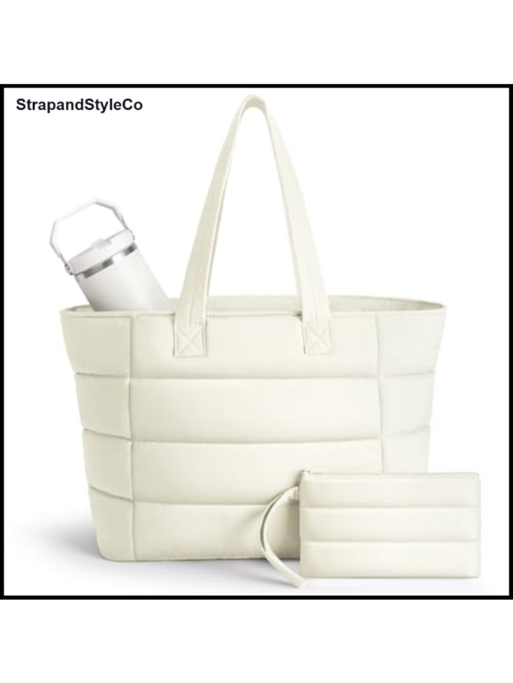 Quilted Puffer Tote Bag with Water Bottle Pocket & Mini Pouch